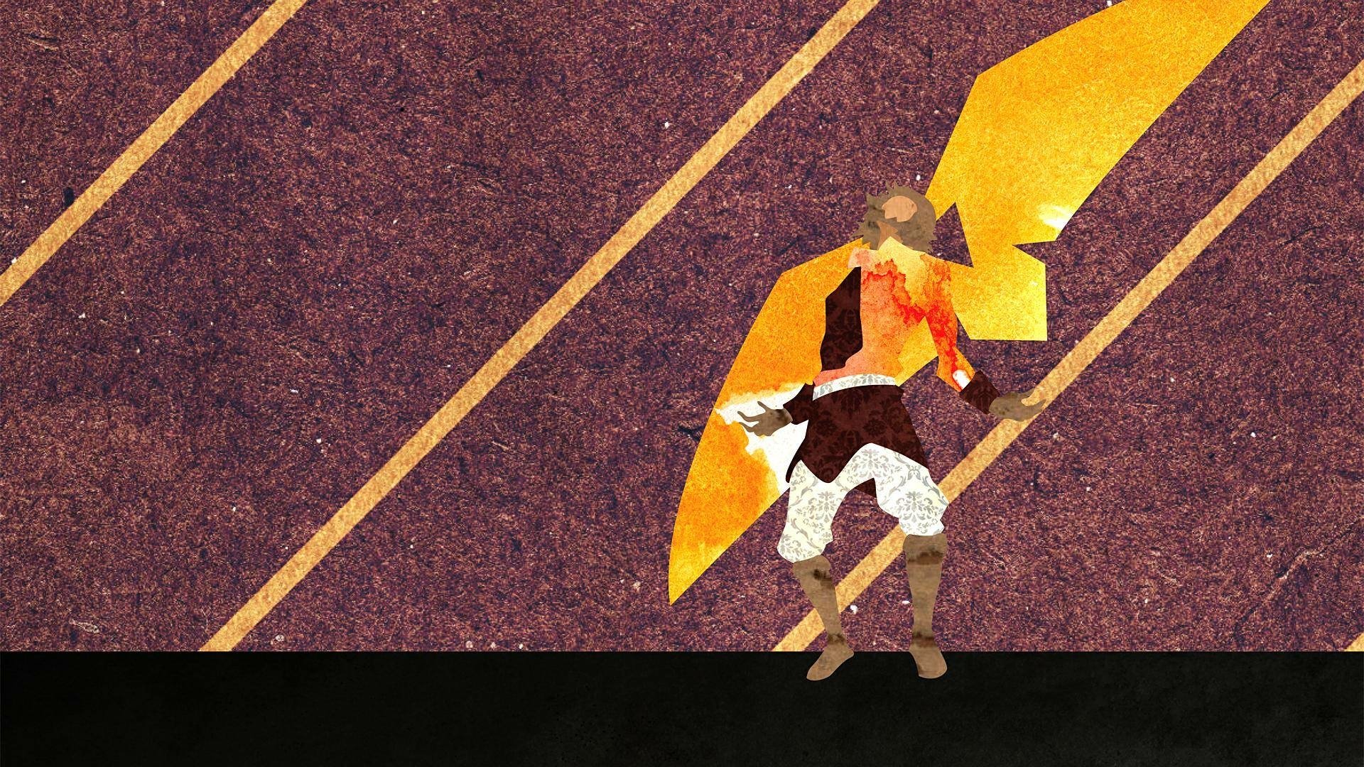 HD PC desktop wallpaper: stylized Avatar: The Last Airbender anime figure in orange and brown, striking a pose as a golden flame arcs across a textured, diagonally striped background.