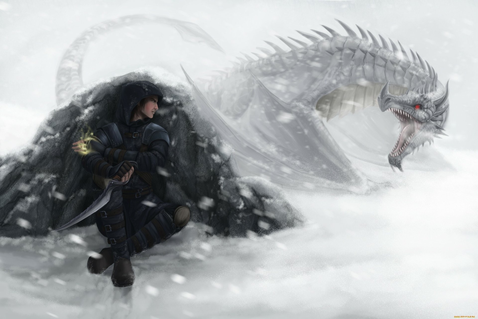 HD fantasy PC desktop wallpaper depicting a cloaked warrior poised for battle against a fierce, ghostly dragon amidst swirling snow.