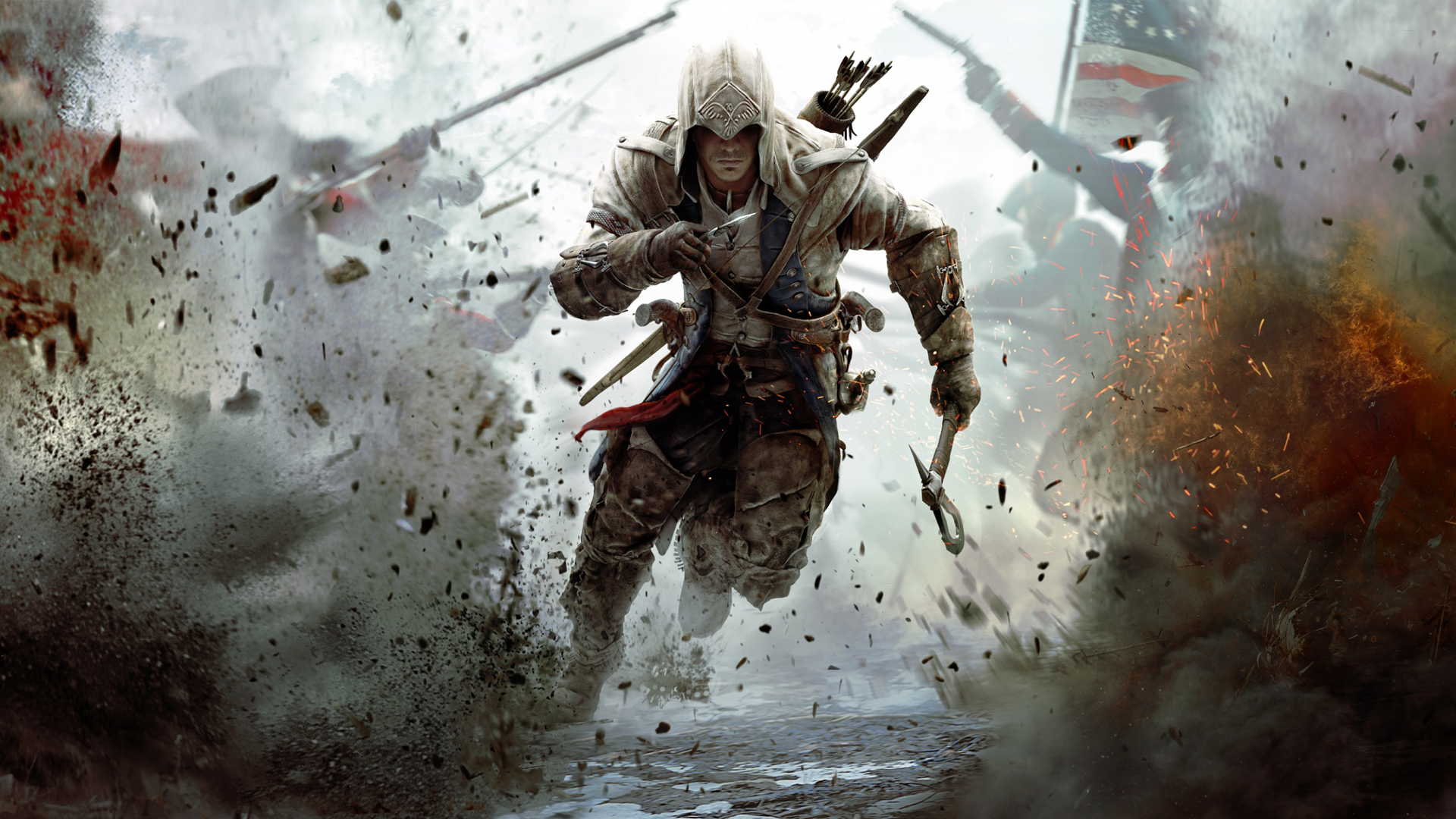 A dynamic HD wallpaper from Assassin's Creed III, featuring a hooded assassin running through a battlefield filled with smoke and chaos, embodying action and adventure.