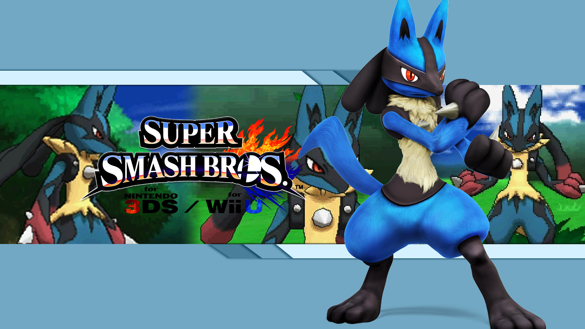 HD PC desktop wallpaper for the video game Super Smash Bros. for Nintendo 3DS and Wii U, featuring Lucario posed in front of repeated Lucario artwork and the Super Smash Bros. logo on a blue geometric background.