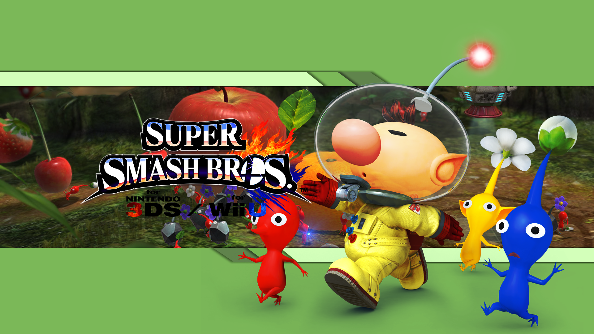 HD PC desktop wallpaper featuring characters from the video game Super Smash Bros. for Nintendo 3DS and Wii U, including Pikmin and an astronaut character.
