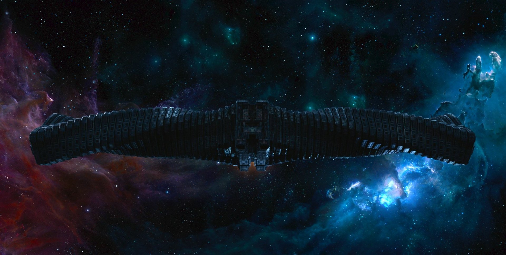 HD PC desktop wallpaper featuring a dark spaceship from the movie Guardians of the Galaxy set against a vibrant, star-filled cosmic background.