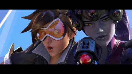 HD desktop wallpaper featuring Tracer and Widowmaker from Overwatch, showcasing their dynamic characters in a vibrant, action-packed scene.