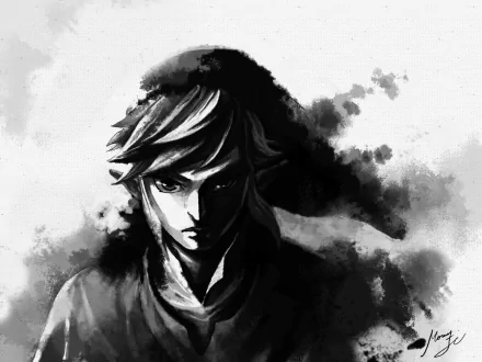 Monochrome 4K Ultra HD desktop wallpaper featuring Link from The Legend of Zelda in a dramatic, ink-brush style with dark, smoky shadows.