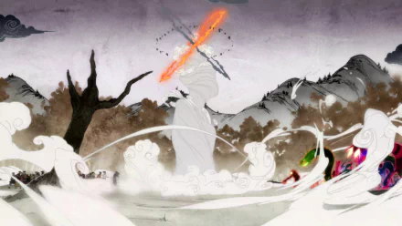 Anime-style HD desktop wallpaper from Avatar: The Legend of Korra, featuring dynamic elemental spirits and a mystical, mountainous landscape in a dramatic, painted style.
