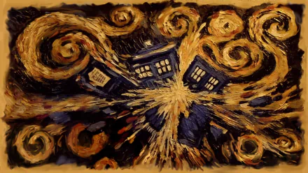 An HD desktop wallpaper featuring the TARDIS from Doctor Who (2005), surrounded by swirling colors and dynamic motion, capturing the essence of time travel adventure.
