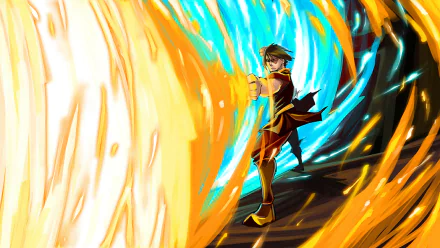 A vibrant HD desktop wallpaper featuring an animated character from Avatar: The Last Airbender, skillfully manipulating fiery and water-like elements in an intense scene.