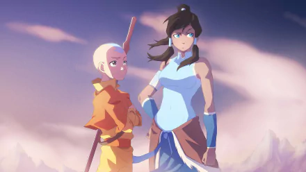 Korra and Aang stand together in a dramatic landscape, showcasing Korra's ponytail and blue eyes alongside Aang's bald head and grey eyes, capturing the essence of Avatar: The Last Airbender.