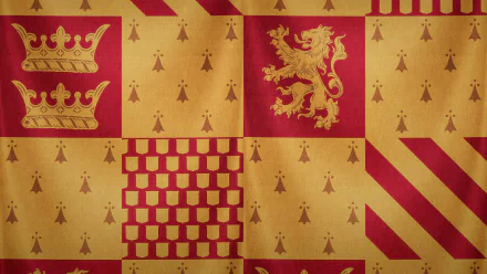 A vibrant HD desktop wallpaper featuring Gryffindor's iconic colors and symbols from the Harry Potter movie series, showcasing a bold design with red and gold elements.