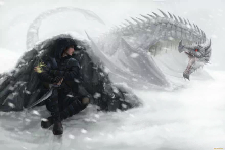 HD fantasy PC desktop wallpaper depicting a cloaked warrior poised for battle against a fierce, ghostly dragon amidst swirling snow.