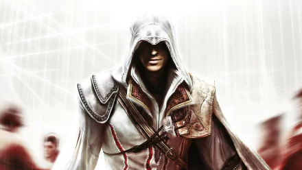 HD desktop wallpaper featuring Ezio from Assassin's Creed II, showcasing the iconic video game character in his signature hooded outfit with a bright, detailed background.