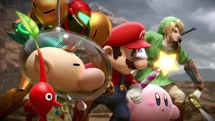 HD PC desktop wallpaper featuring Samus Aran, Link, Kirby, Mario, and Pikmin from Super Smash Bros. for Nintendo 3DS and Wii U in a dynamic video game scene.