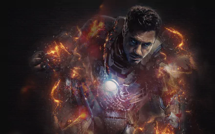 HD desktop wallpaper featuring Robert Downey Jr. as Iron Man from the movie Iron Man 3, with an intense, fiery background.