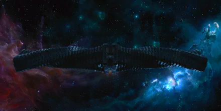 HD PC desktop wallpaper featuring a dark spaceship from the movie Guardians of the Galaxy set against a vibrant, star-filled cosmic background.