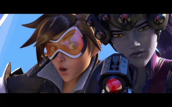 HD desktop wallpaper featuring Tracer and Widowmaker from Overwatch, showcasing their dynamic characters in a vibrant, action-packed scene.