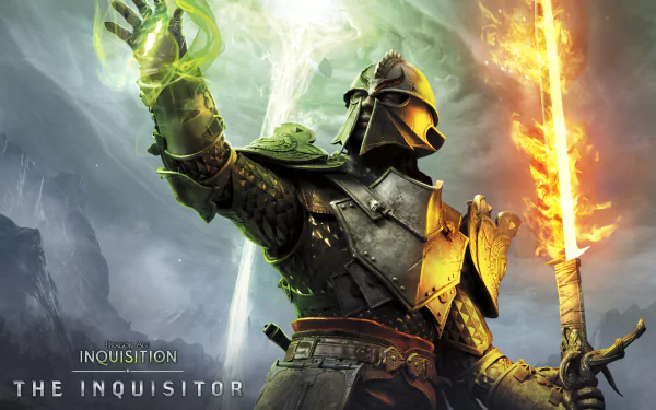 HD PC desktop wallpaper from the video game Dragon Age: Inquisition, featuring a warrior in dark armor wielding a flaming sword and casting a green magical spell.