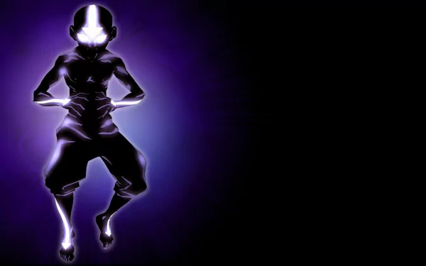 A striking HD wallpaper featuring an anime-inspired character from Avatar: The Last Airbender, illuminated against a dark purple background.