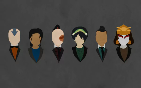 A minimalist HD desktop wallpaper featuring iconic characters from Avatar: The Last Airbender, each styled in a unique, abstract representation against a dark background.