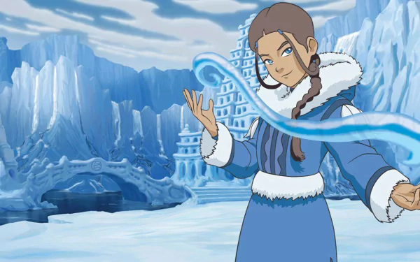 HD desktop wallpaper featuring Katara from the anime Avatar: The Last Airbender, standing in an icy landscape with waterbending magic swirling around her.