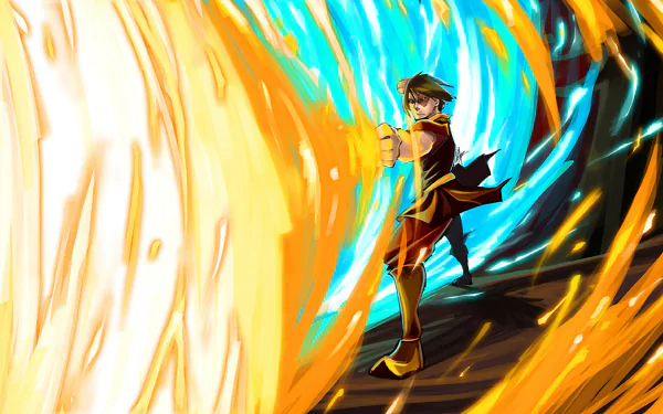 A vibrant HD desktop wallpaper featuring an animated character from Avatar: The Last Airbender, skillfully manipulating fiery and water-like elements in an intense scene.