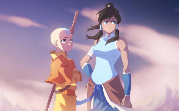 Korra and Aang stand together in a dramatic landscape, showcasing Korra's ponytail and blue eyes alongside Aang's bald head and grey eyes, capturing the essence of Avatar: The Last Airbender.