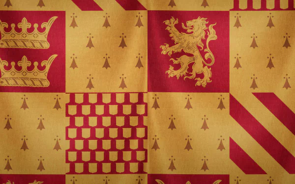 A vibrant HD desktop wallpaper featuring Gryffindor's iconic colors and symbols from the Harry Potter movie series, showcasing a bold design with red and gold elements.