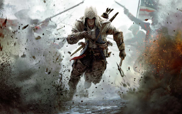 A dynamic HD wallpaper from Assassin's Creed III, featuring a hooded assassin running through a battlefield filled with smoke and chaos, embodying action and adventure.