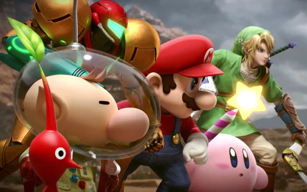 HD PC desktop wallpaper featuring Samus Aran, Link, Kirby, Mario, and Pikmin from Super Smash Bros. for Nintendo 3DS and Wii U in a dynamic video game scene.
