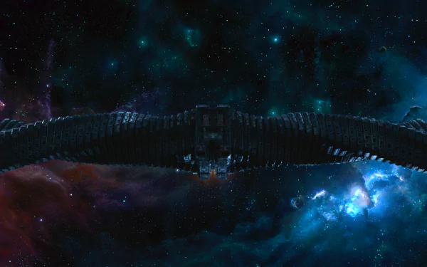 HD PC desktop wallpaper featuring a dark spaceship from the movie Guardians of the Galaxy set against a vibrant, star-filled cosmic background.