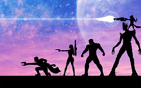 Silhouettes of Groot, Rocket Raccoon, Drax the Destroyer, Gamora, and Peter Quill against a colorful cosmic background, representing the Guardians of the Galaxy.