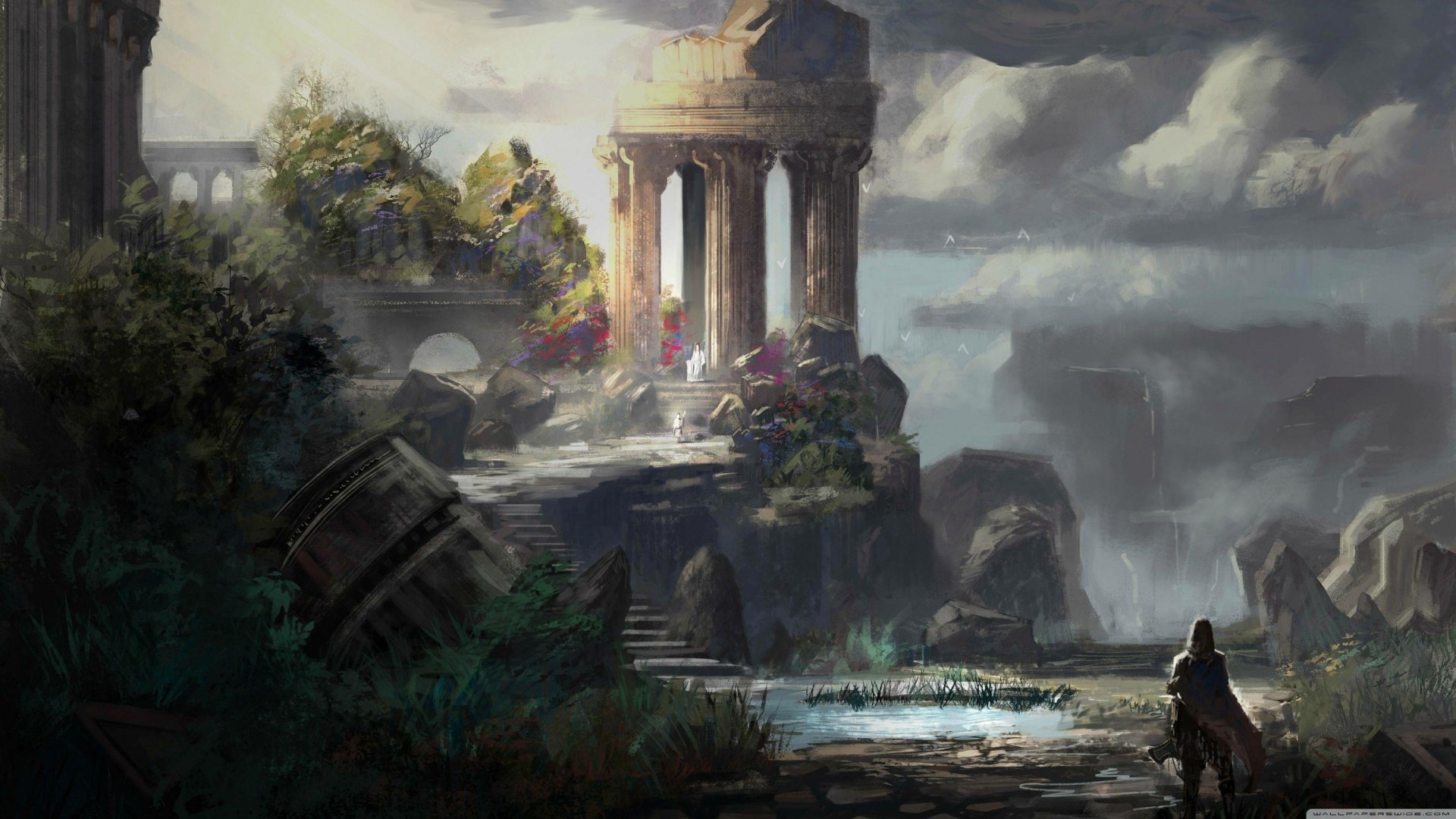 HD fantasy desktop wallpaper depicting ancient, overgrown ruins with a lone figure approaching a stone temple amidst a misty, dramatic landscape.