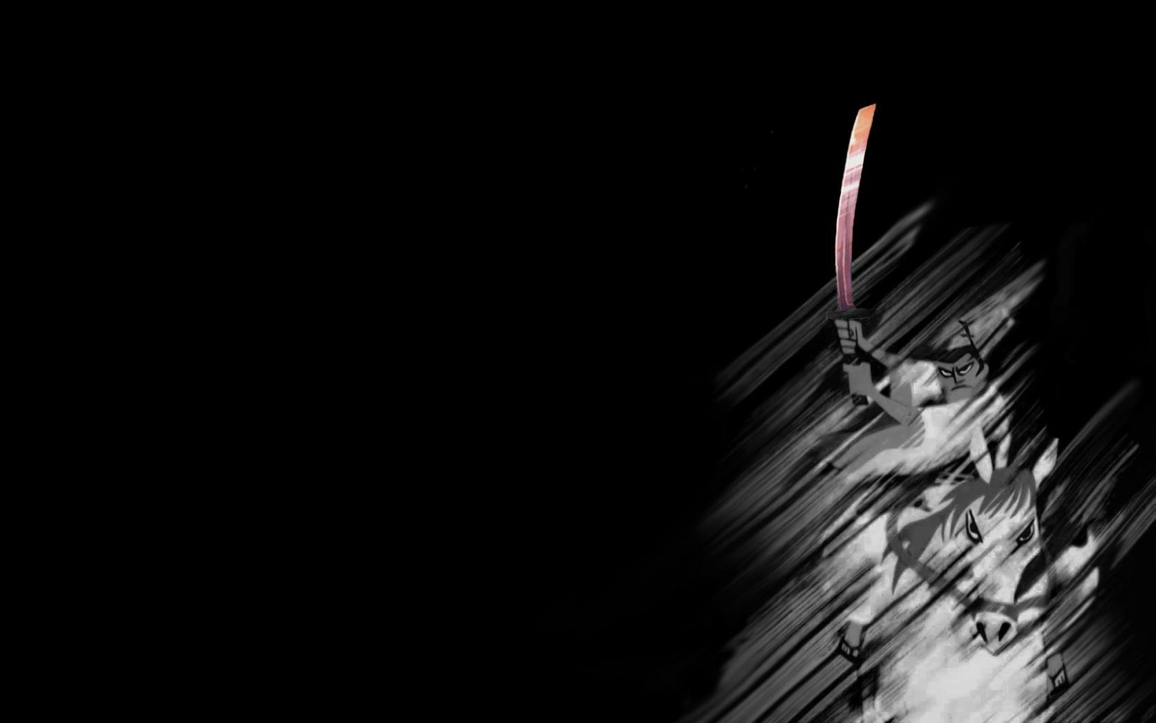 HD PC desktop wallpaper featuring a stylized, monochrome comic illustration of Samurai Jack wielding a glowing sword against a dark background.