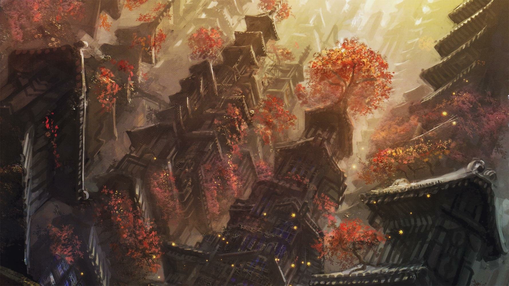 HD anime desktop wallpaper featuring an original design of a towering mechanical structure entwined with vibrant red foliage in a warm, glowing atmosphere.