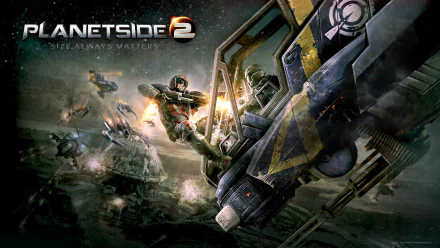 HD PC desktop wallpaper featuring intense aerial combat from the video game Planetside 2, showcasing futuristic soldiers and aircraft in a dynamic battle scene.