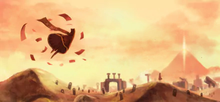 An HD desktop wallpaper featuring a character in a flowing cloak soaring through a serene landscape, blending stunning art from the video game Journey with an evocative, warm atmosphere.