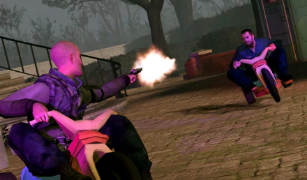 HD PC desktop wallpaper from the video game Garry's Mod featuring two characters on tricycles, one firing a gun in a gritty outdoor setting.