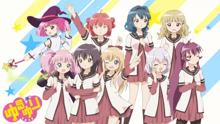 Anime-inspired HD desktop wallpaper featuring the vibrant characters from YuruYuri, showcasing playful poses and colorful backgrounds. Perfect for fans of the series.