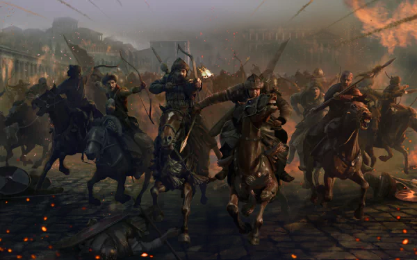 A dynamic HD wallpaper from the video game Total War: Attila, showcasing fierce mounted warriors charging through a battlefield amidst chaos and fire.