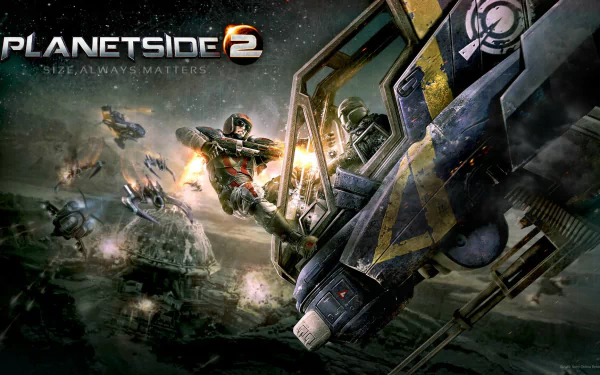 HD PC desktop wallpaper featuring intense aerial combat from the video game Planetside 2, showcasing futuristic soldiers and aircraft in a dynamic battle scene.