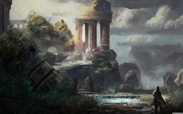 HD fantasy desktop wallpaper depicting ancient, overgrown ruins with a lone figure approaching a stone temple amidst a misty, dramatic landscape.