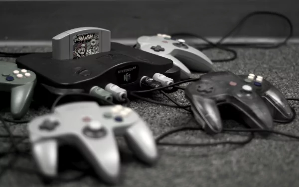 Close-up of a Nintendo 64 console with cartridge and four controllers on carpet — video game 2K Quad HD PC desktop wallpaper and background.