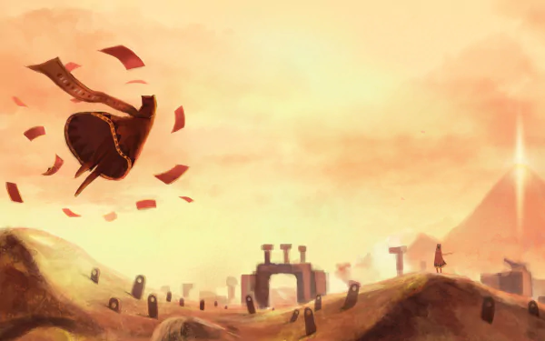 An HD desktop wallpaper featuring a character in a flowing cloak soaring through a serene landscape, blending stunning art from the video game Journey with an evocative, warm atmosphere.