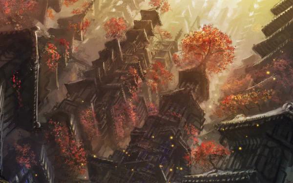 HD anime desktop wallpaper featuring an original design of a towering mechanical structure entwined with vibrant red foliage in a warm, glowing atmosphere.