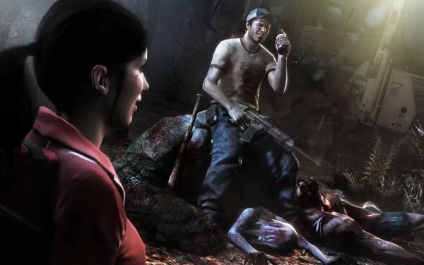 A dramatic scene from Left 4 Dead 2 features a survivor wielding a weapon and another character observing amidst a dark and gritty background with defeated zombies. HD PC wallpaper.