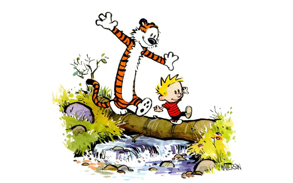 Calvin and Hobbes joyfully leap across a fallen tree over a stream in this vibrant HD comic wallpaper background.