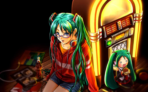 HD PC desktop wallpaper featuring anime-style Hatsune Miku and Hachune Miku with vibrant colors and a glowing jukebox background, capturing the Vocaloid theme.