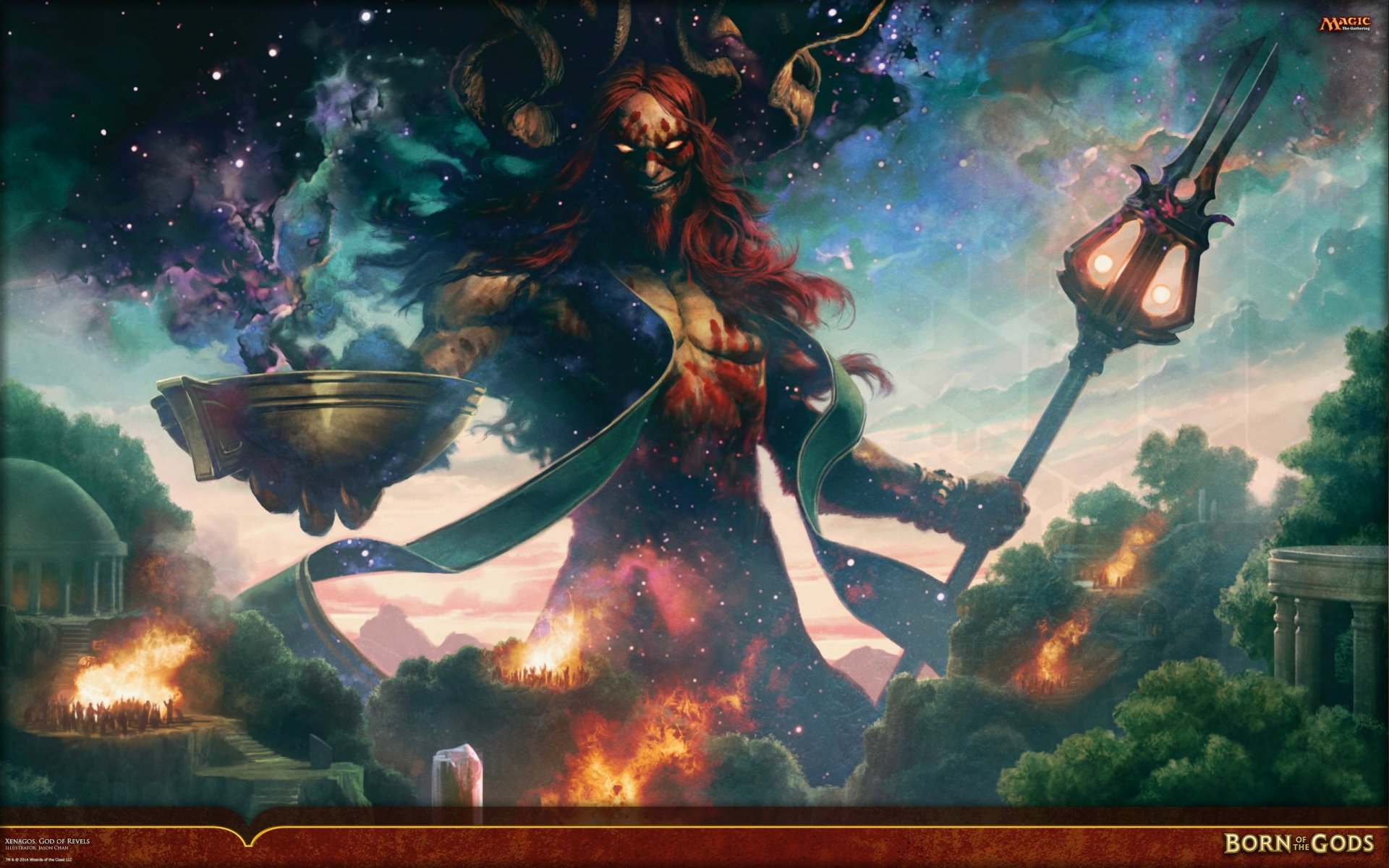 A vibrant HD desktop wallpaper showcasing a powerful figure from Magic: The Gathering, surrounded by cosmic elements and dramatic landscapes, evoking a sense of magic and grandeur.