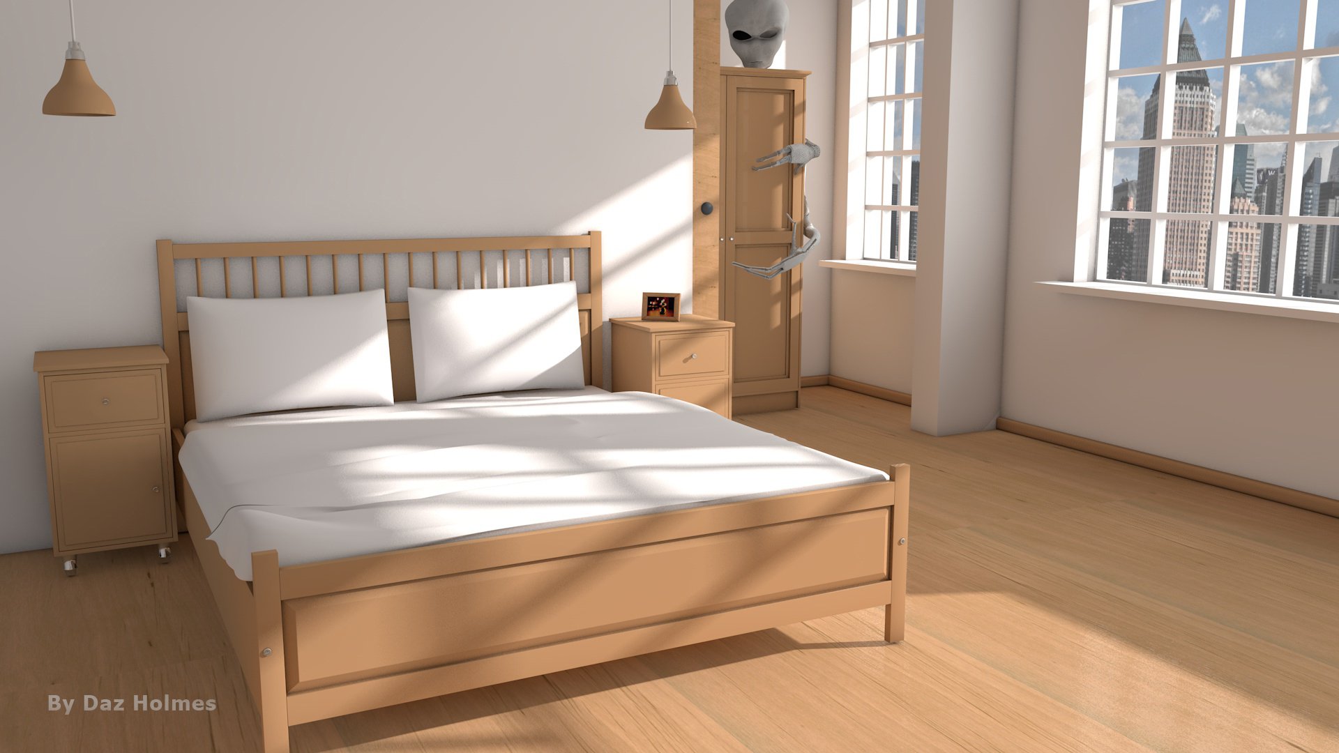 HD PC desktop wallpaper of a sunlit, minimalist wooden bedroom with bed, nightstand and tall cabinet topped by an alien helmet, evoking a subtle sci‑fi atmosphere.