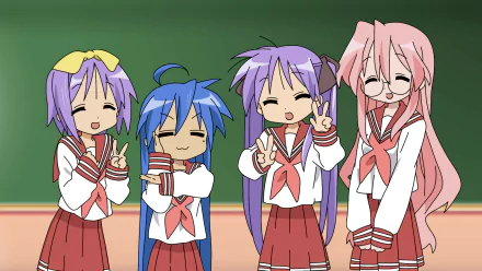 HD desktop wallpaper featuring Miyuki Takara, Tsukasa Hiiragi, Kagami Hiiragi, and Konata Izumi from the anime Lucky Star, posing cheerfully in school uniforms.