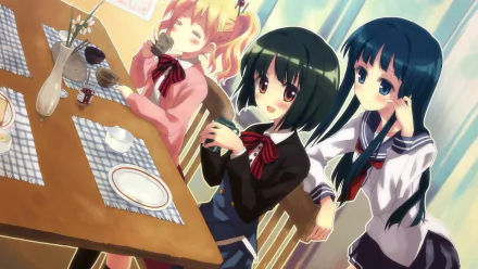 HD PC desktop wallpaper featuring three anime girls from KINMOZA! enjoying tea and sweets at a wooden table, showcasing vibrant colors and detailed character designs.